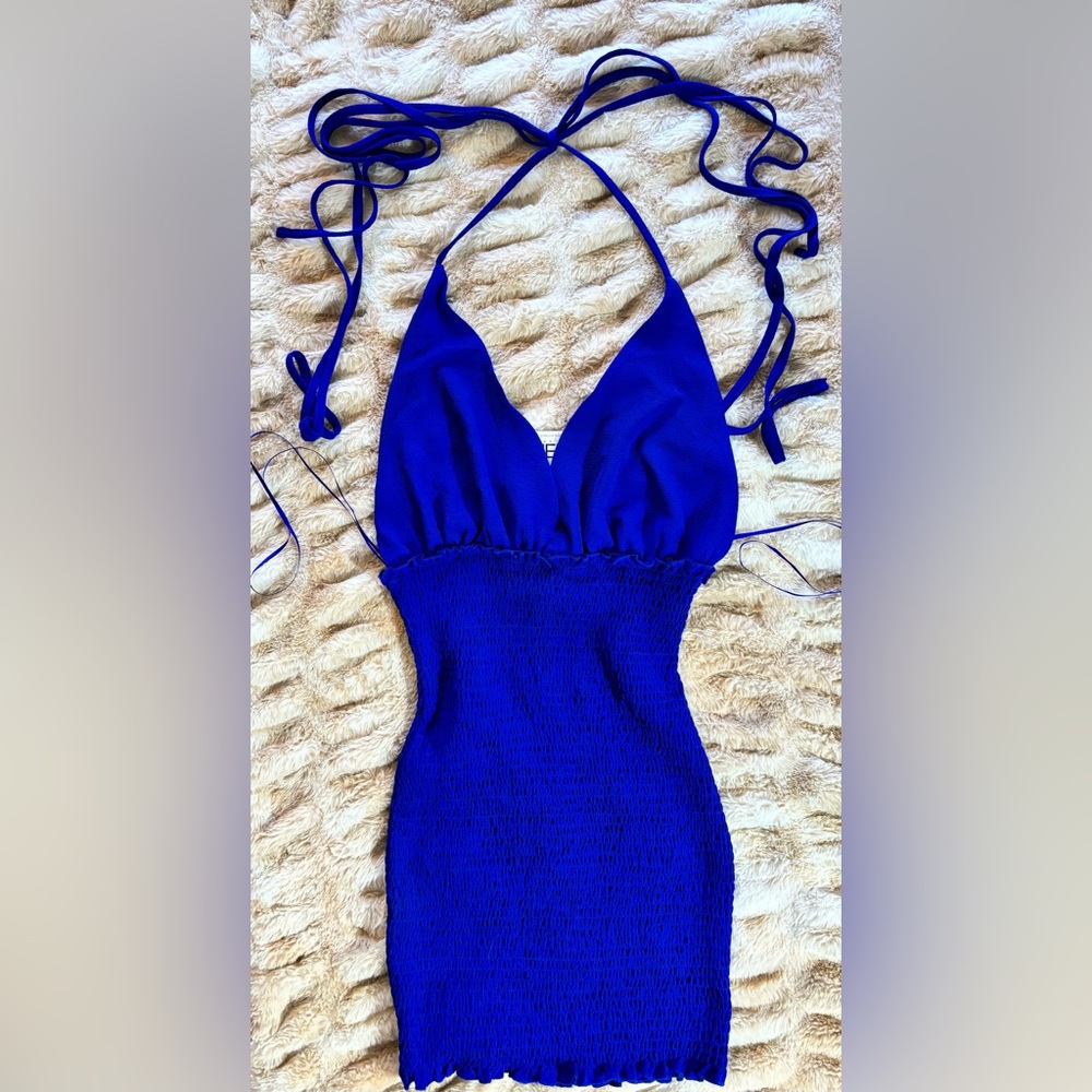 SEEK THE LABEL - Cobalt Blue Halter Smocked Mini Dress